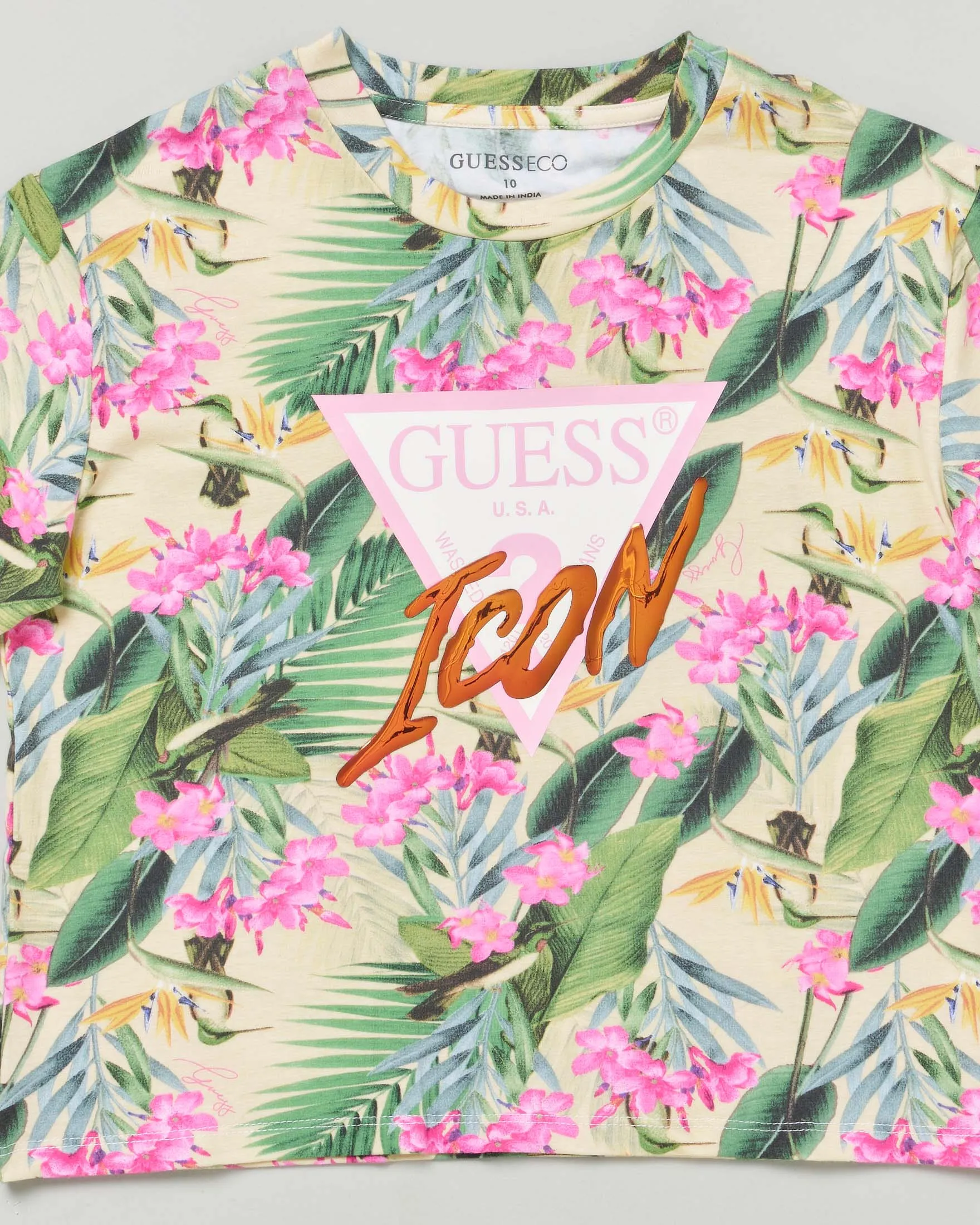 T-shirt cropped in cotone stratch a fantasia jungle multicolore con stampa logo triangolare 8-14 anni
