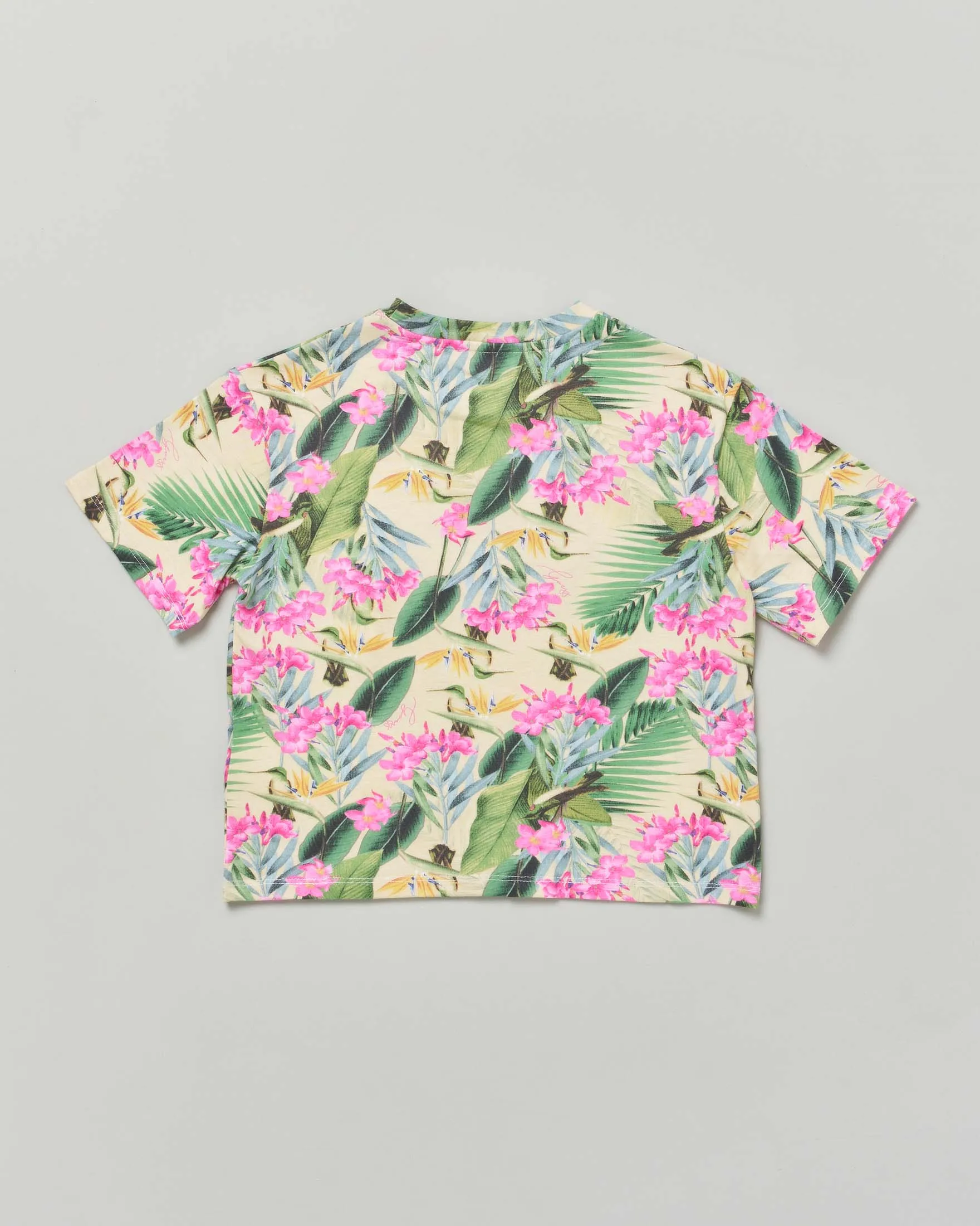 T-shirt cropped in cotone stratch a fantasia jungle multicolore con stampa logo triangolare 8-14 anni
