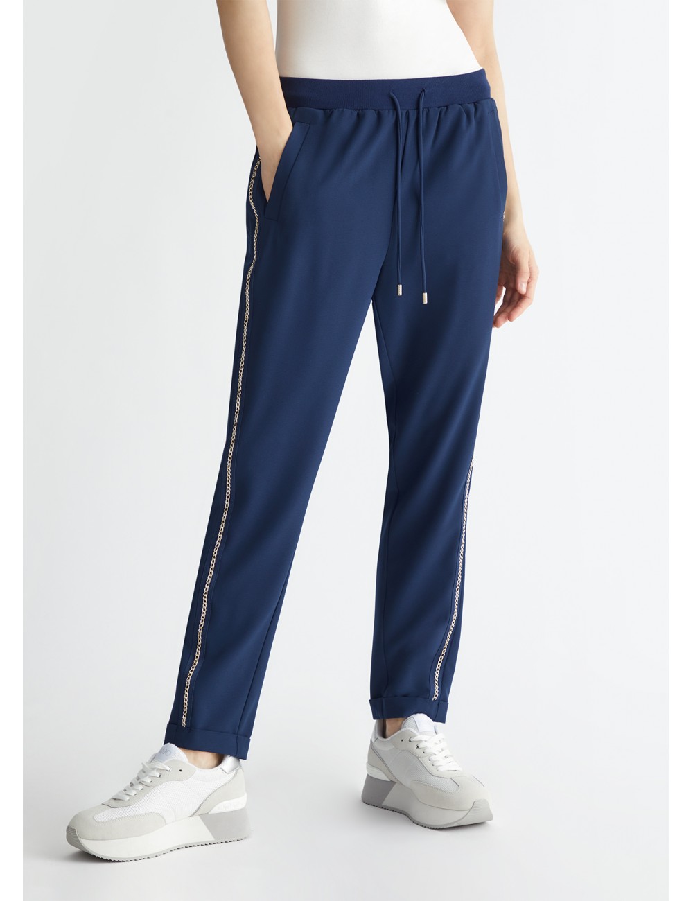TA4088 94024 PANTALONE LIU JO DONNA CON CATENA PANTALONI WOMAN SPORTIVI IN CADY