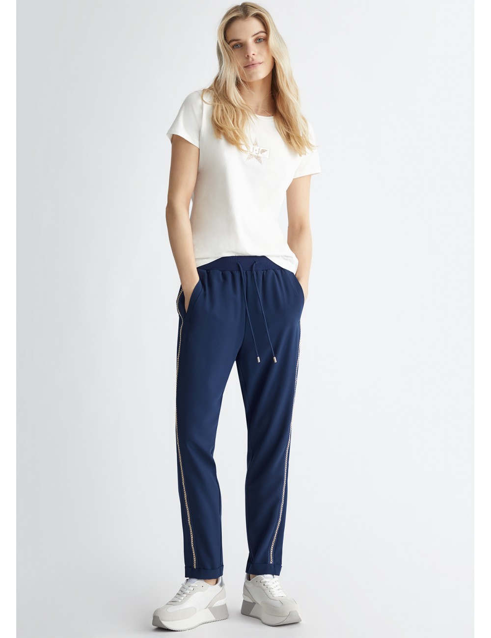 TA4088 94024 PANTALONE LIU JO DONNA CON CATENA PANTALONI WOMAN SPORTIVI IN CADY