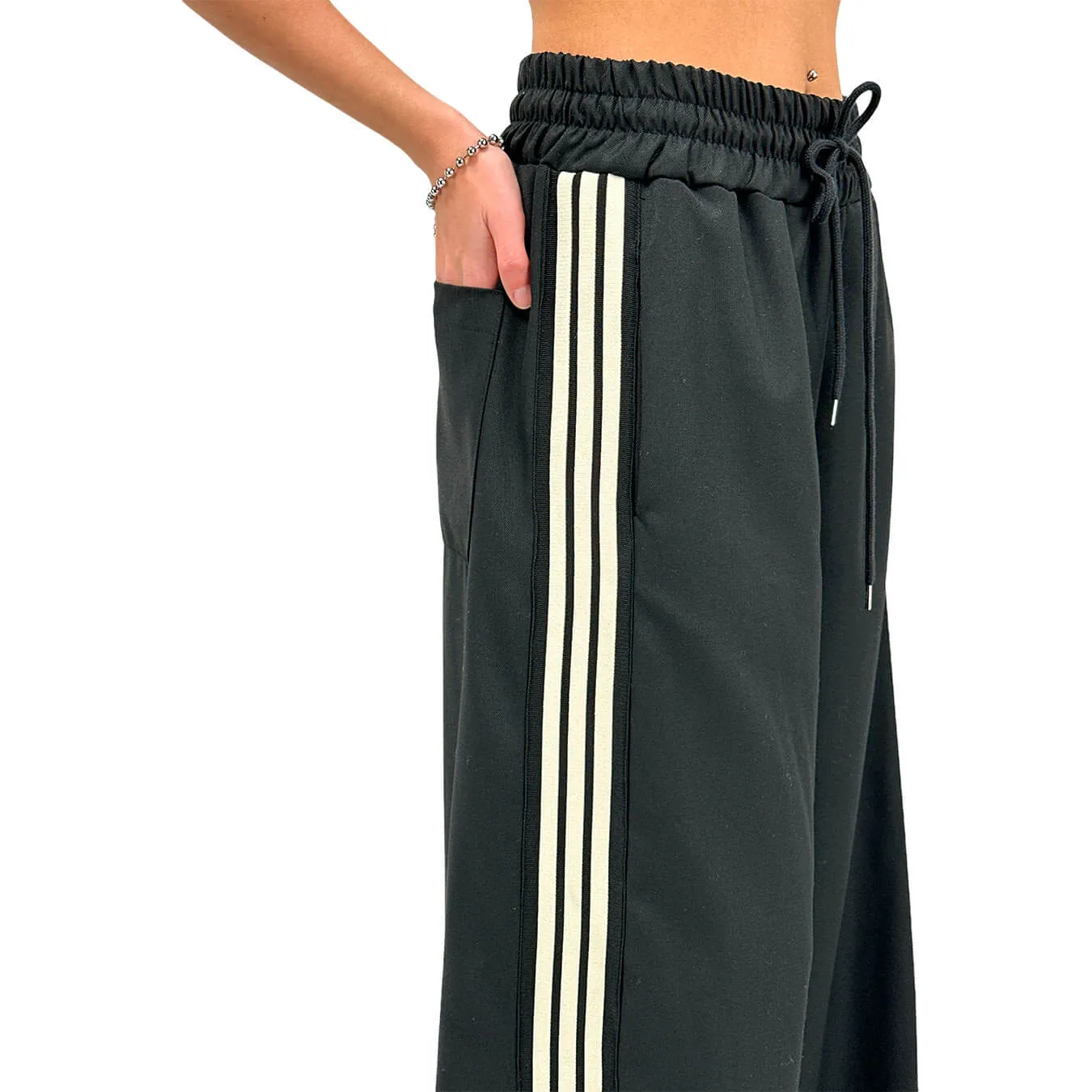 Tensione In Pantaloni Donna, Lungo, Fondo Largo, Bande, Nero