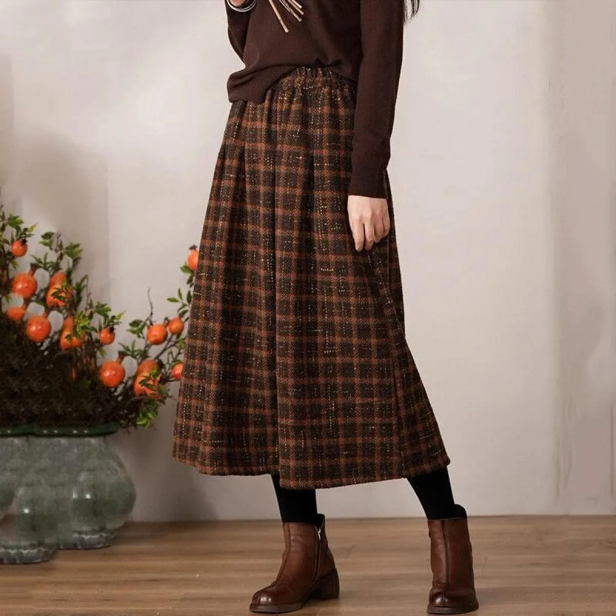 Xpqbb Autunno Inverno Addensare Calde Gonne di Lana Donna Vintage Streetwear Gonna Lunga Scozzese Donna Casual Allentato a Vita
