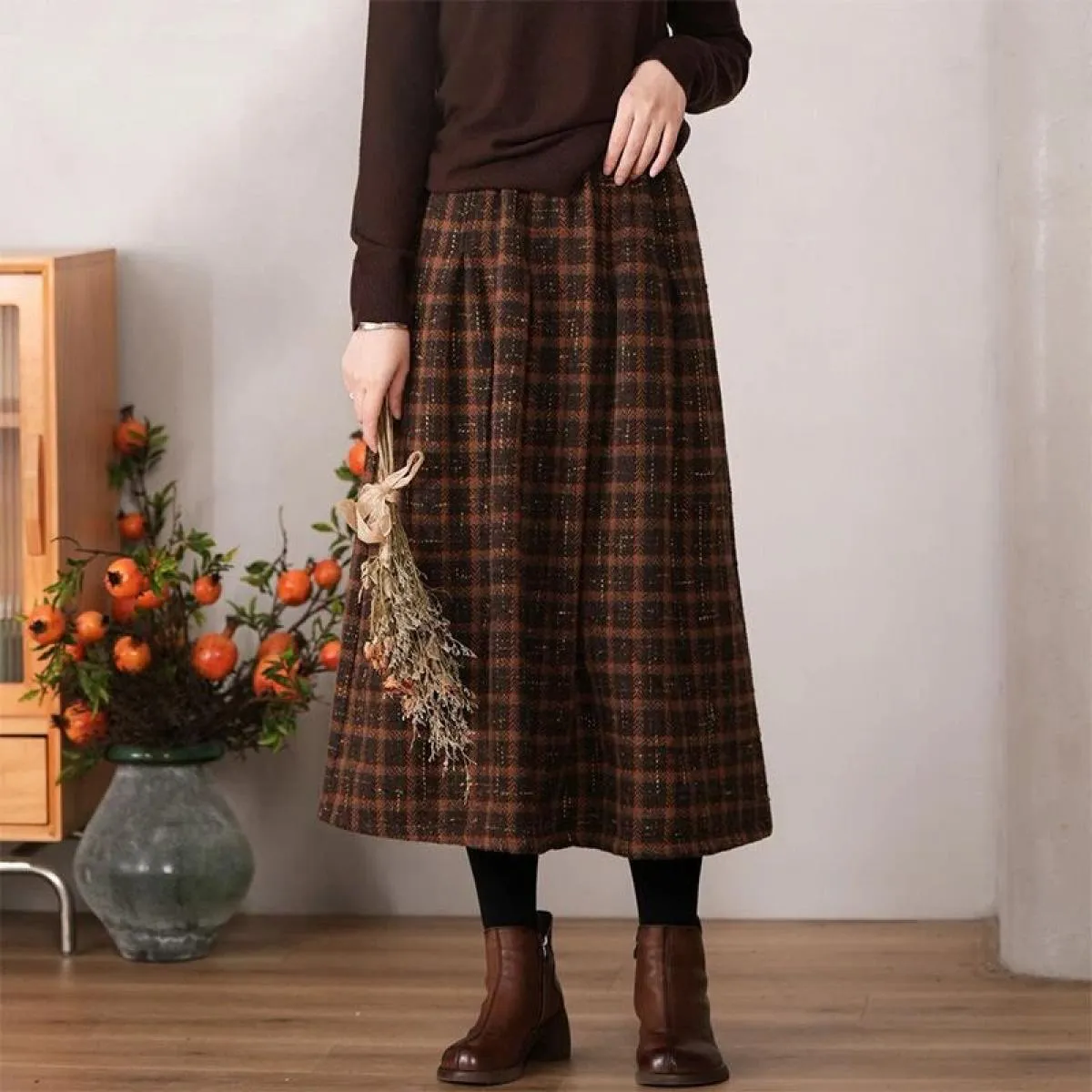 Xpqbb Autunno Inverno Addensare Calde Gonne di Lana Donna Vintage Streetwear Gonna Lunga Scozzese Donna Casual Allentato a Vita