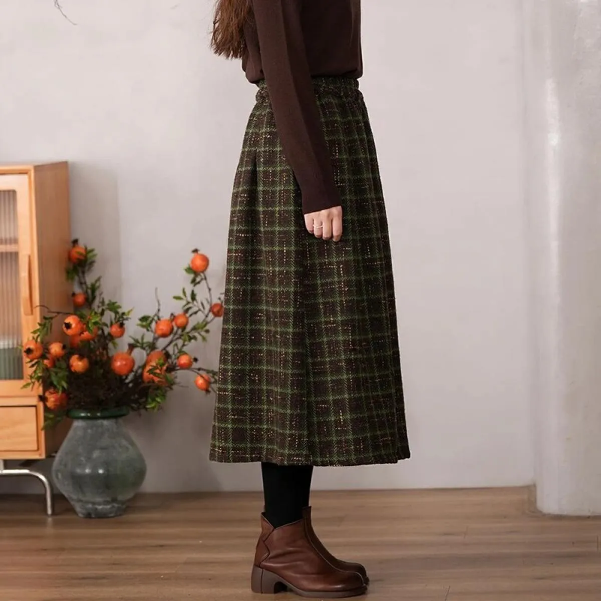 Xpqbb Autunno Inverno Addensare Calde Gonne di Lana Donna Vintage Streetwear Gonna Lunga Scozzese Donna Casual Allentato a Vita