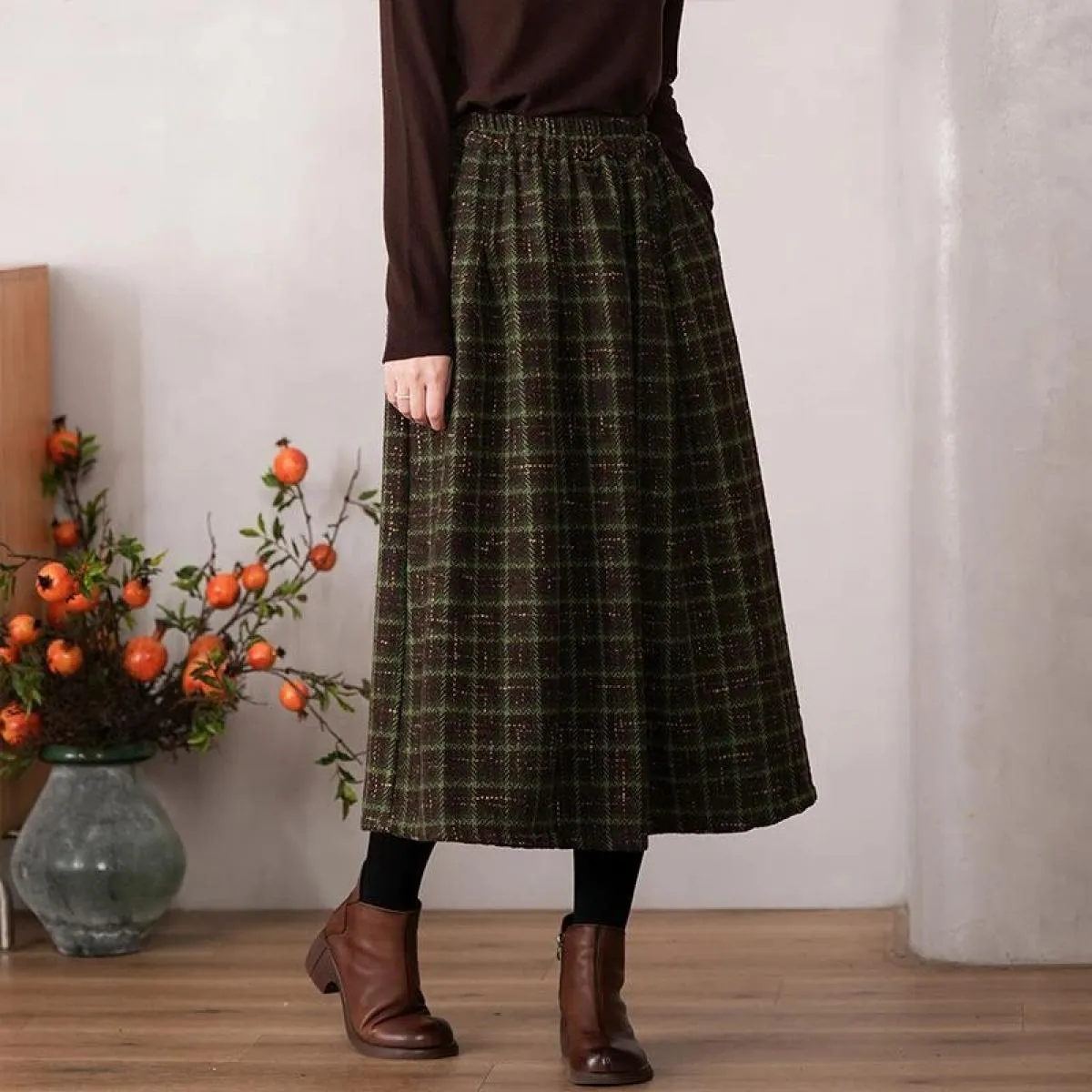 Xpqbb Autunno Inverno Addensare Calde Gonne di Lana Donna Vintage Streetwear Gonna Lunga Scozzese Donna Casual Allentato a Vita