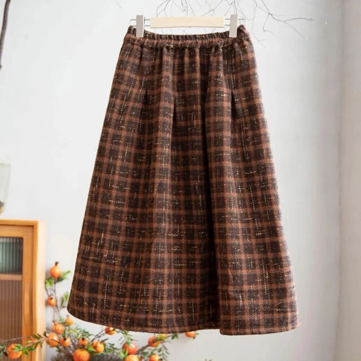 Xpqbb Autunno Inverno Addensare Calde Gonne di Lana Donna Vintage Streetwear Gonna Lunga Scozzese Donna Casual Allentato a Vita