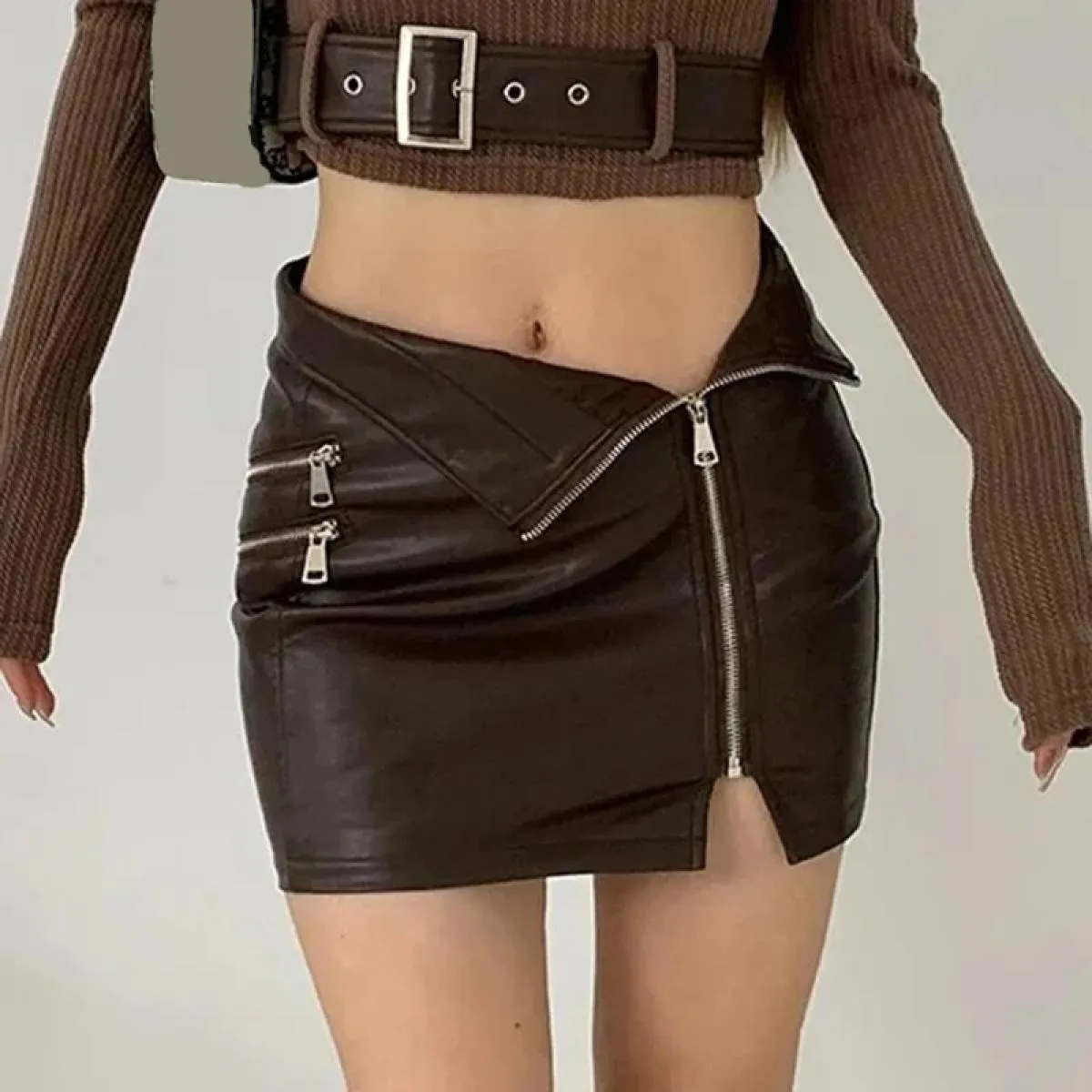 Xpqbb Gonna asimmetrica in pelle PU con cerniera Donna Hot Girl Night Club Mini gonne Donna Street Borsa attillata Gonna corta a