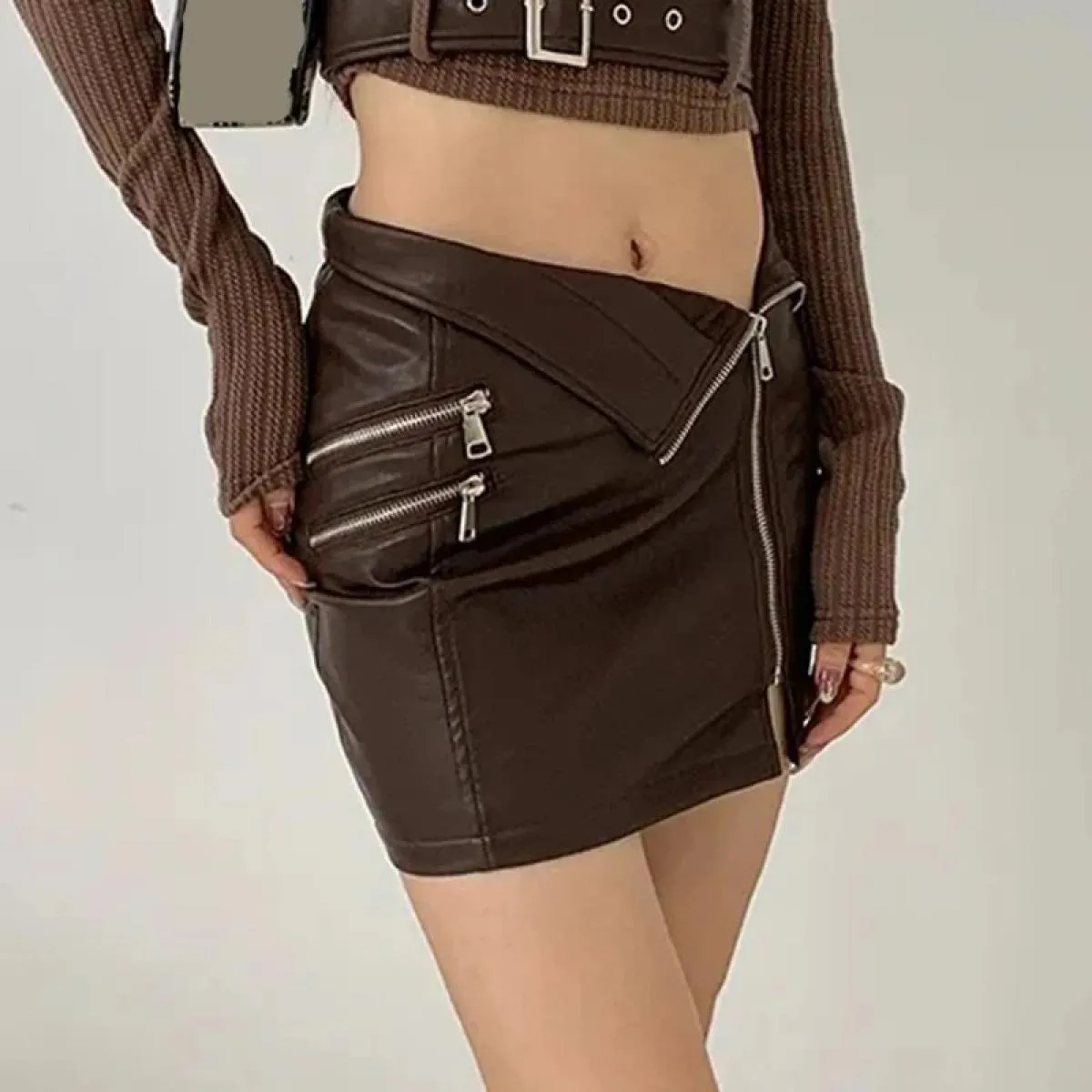 Xpqbb Gonna asimmetrica in pelle PU con cerniera Donna Hot Girl Night Club Mini gonne Donna Street Borsa attillata Gonna corta a