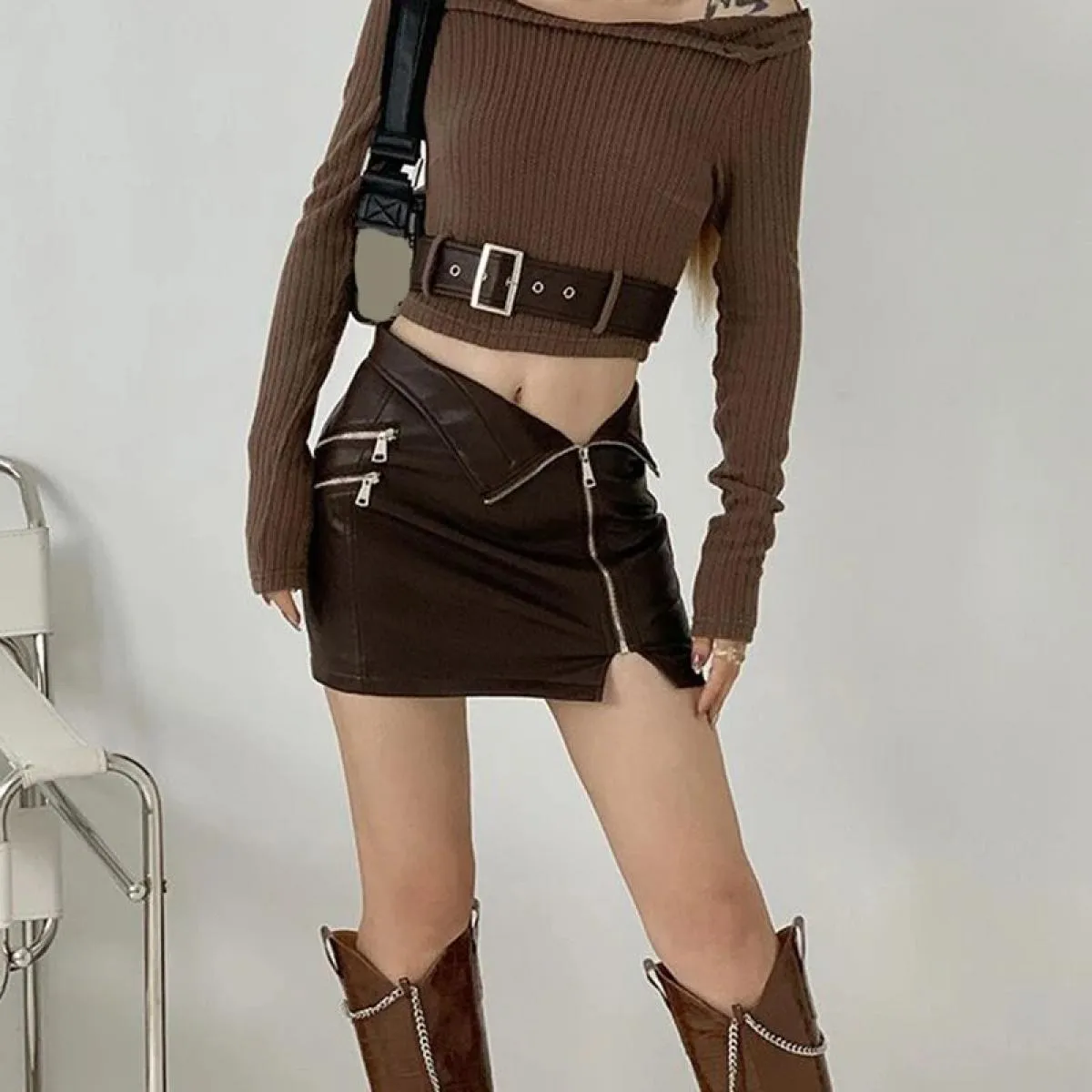 Xpqbb Gonna asimmetrica in pelle PU con cerniera Donna Hot Girl Night Club Mini gonne Donna Street Borsa attillata Gonna corta a