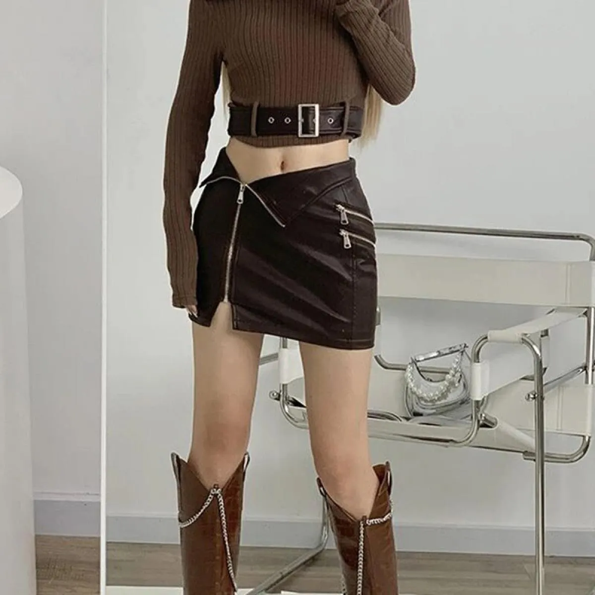 Xpqbb Gonna asimmetrica in pelle PU con cerniera Donna Hot Girl Night Club Mini gonne Donna Street Borsa attillata Gonna corta a