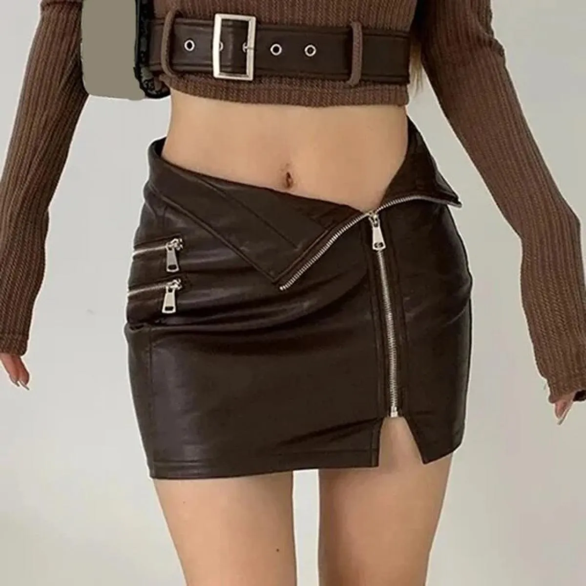 Xpqbb Gonna asimmetrica in pelle PU con cerniera Donna Hot Girl Night Club Mini gonne Donna Street Borsa attillata Gonna corta a
