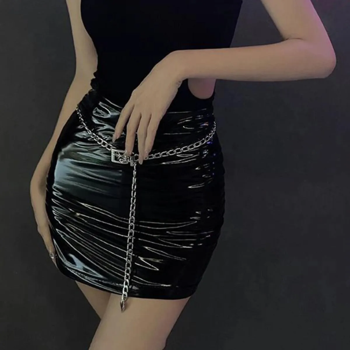 Xpqbb Gonna corta in pelle verniciata nera Pu Donna Bodycon Club Night Mini Gonne Donna 2022 Estate Gonna a tubino a vita alta