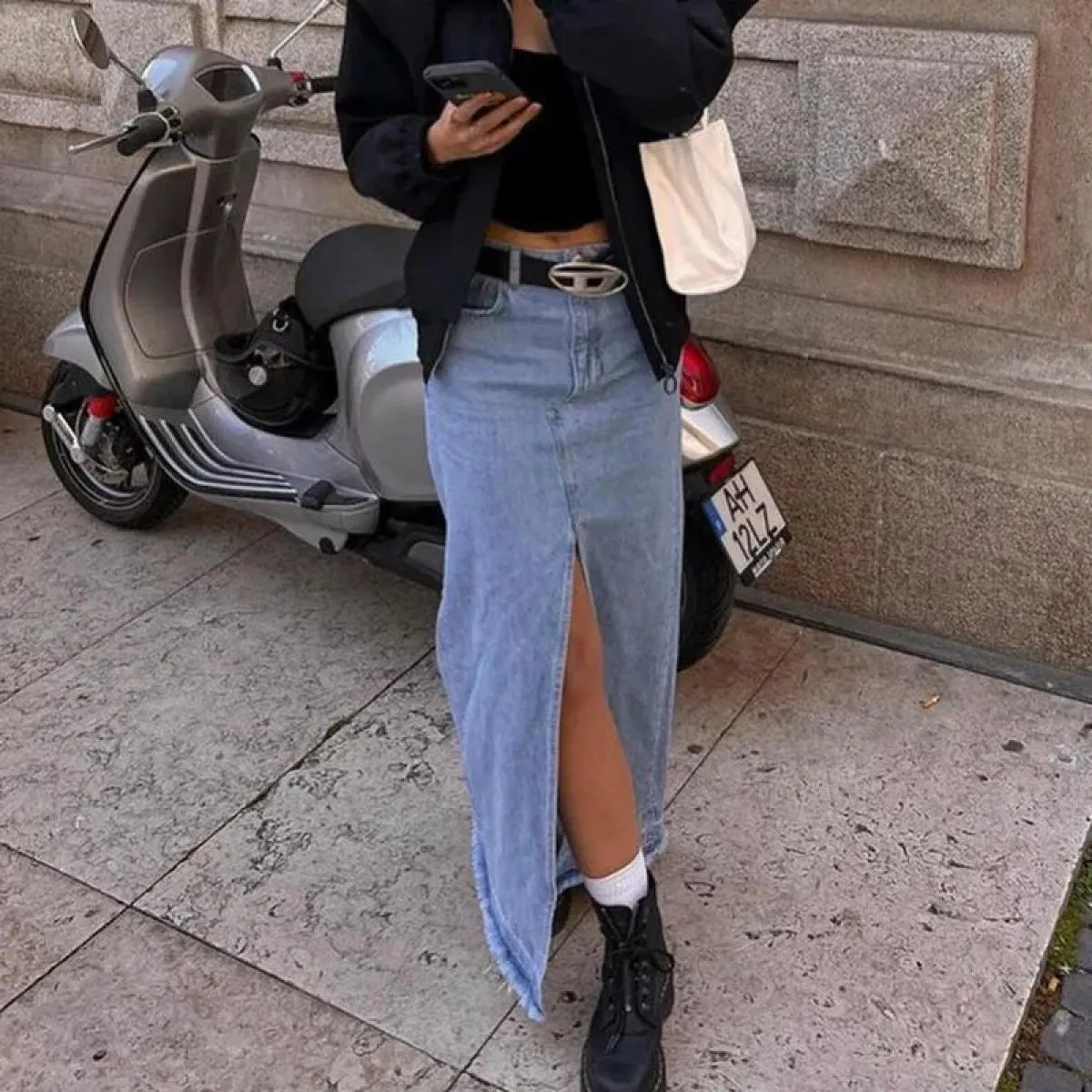 Xpqbb Gonne a metà polpaccio divise alla moda Donna Estate Nuova gonna di jeans dritta a vita alta Donna Vintage Streetwear Casu