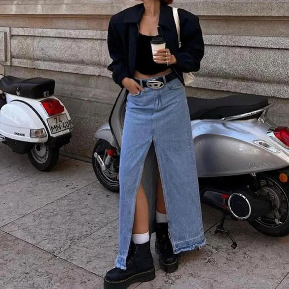 Xpqbb Gonne a metà polpaccio divise alla moda Donna Estate Nuova gonna di jeans dritta a vita alta Donna Vintage Streetwear Casu
