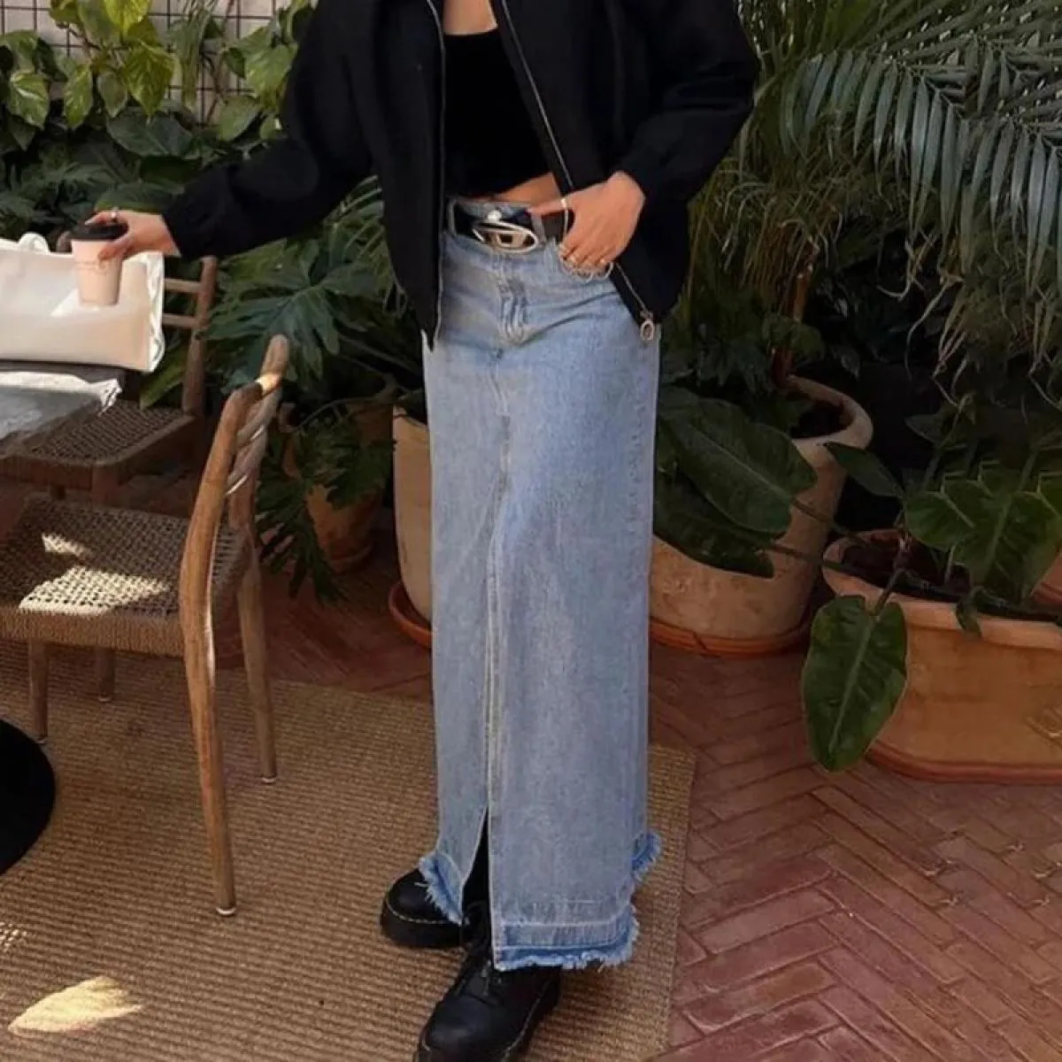 Xpqbb Gonne a metà polpaccio divise alla moda Donna Estate Nuova gonna di jeans dritta a vita alta Donna Vintage Streetwear Casu